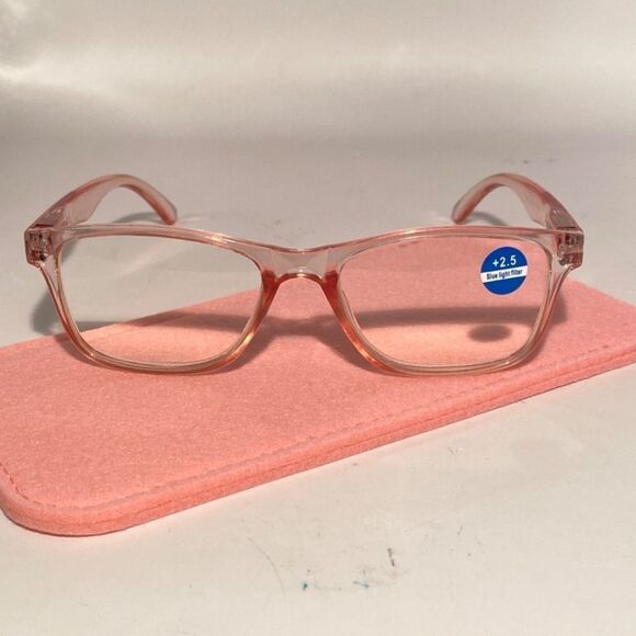 1407 Helen 2.5 Reading Glasses Clear Pink Rectanle Bluelight Filter Frames NWT - Picture 2 of 9